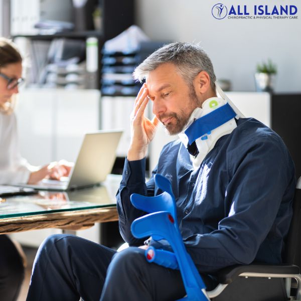 A man wearing a neck brace and arm sling sits at a desk, looking concerned, while a woman works on a laptop in the background. The "All Island" physical therapy logo is visible.