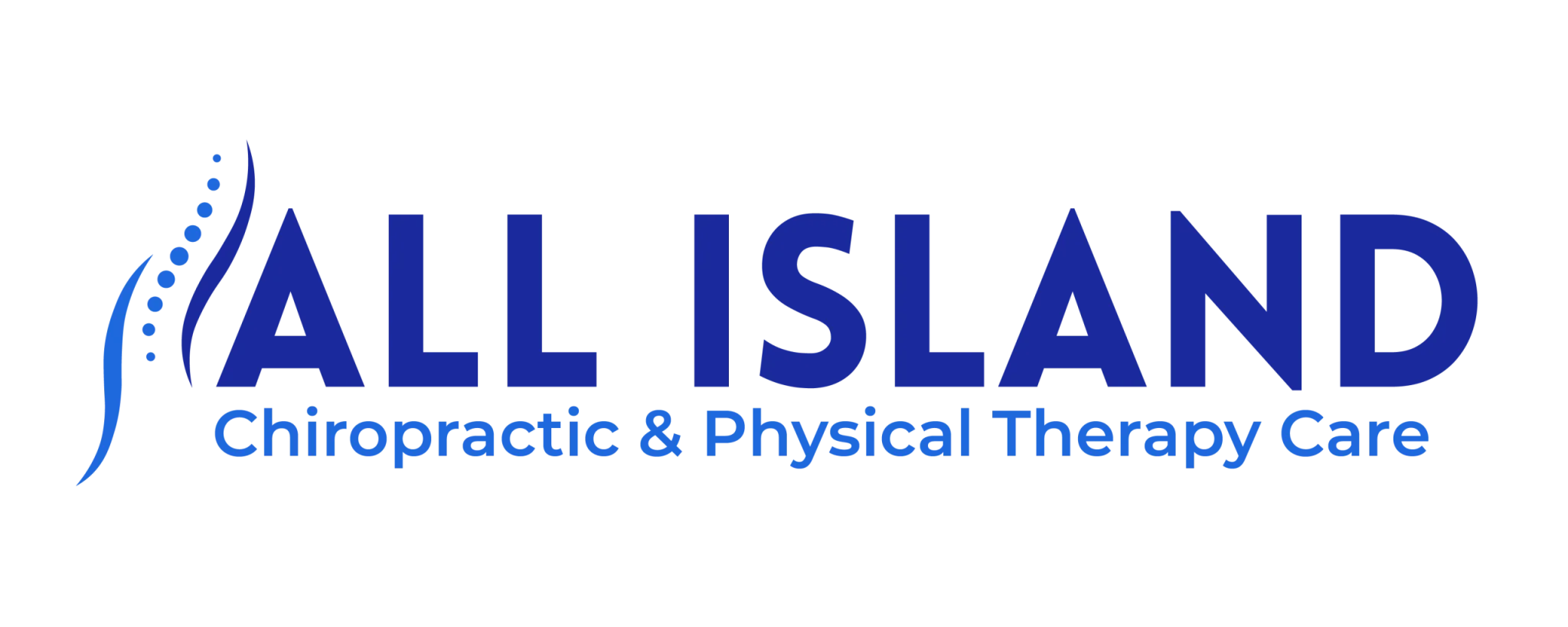 Logo for All Island Chiropractic & Physical Therapy Care, featuring stylized text with a blue spinal graphic to the left of the words.